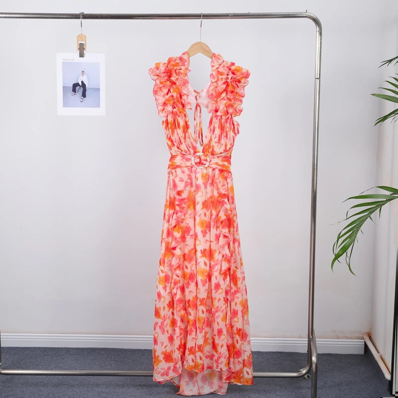 Vestido Longo Feminino Estampado com Babados