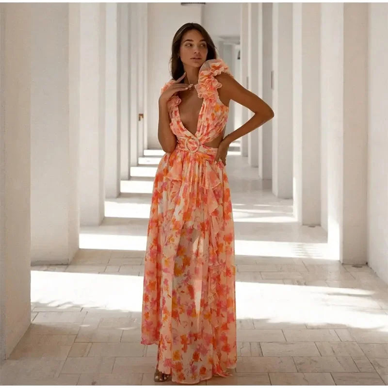 Vestido Longo Feminino Estampado com Babados