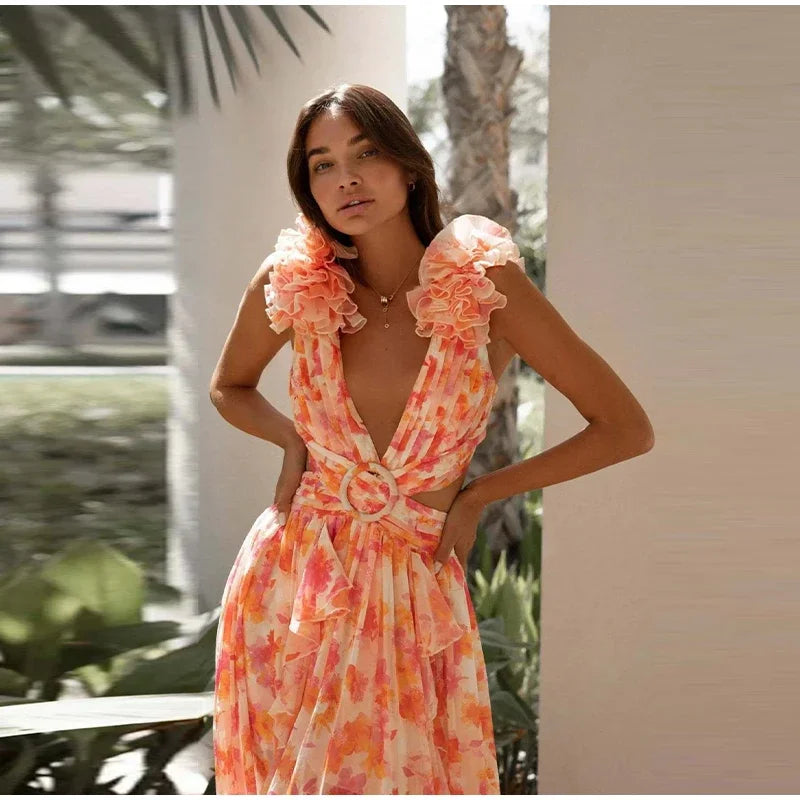 Vestido Longo Feminino Estampado com Babados
