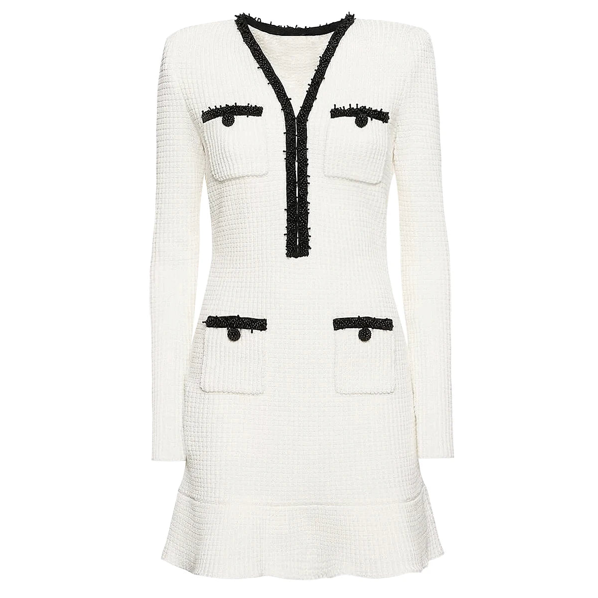 Vestido Bicolor – Decote V, Manga Longa, Slim Fit com Bolsos Bordados
