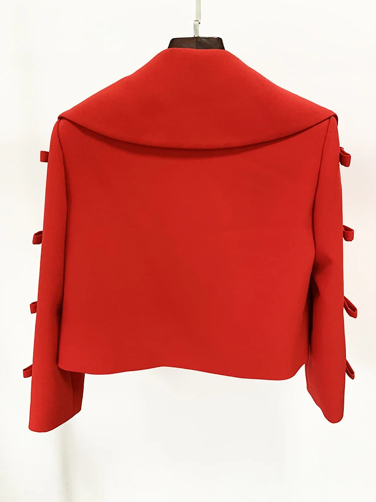 Blazer Cropped com Laço e Detalhes Vazados na Manga