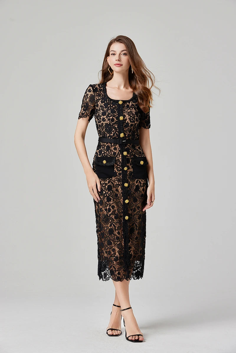 Vestido Renda Com Cinto - Luxo