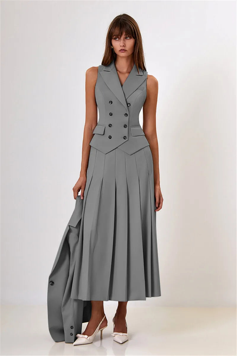 Conjunto Colete Transpassado e Saia Longa Plissada - Estilo e Conforto