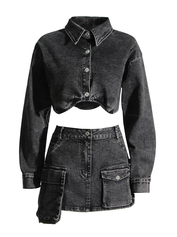 Conjunto Jeans top e saia cargo  - Novidade