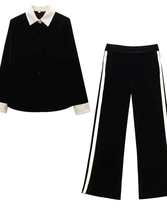 Conjunto em Veludo com Camisa de Manga Longa e Calça – Design Elegante com Detalhes Laterais