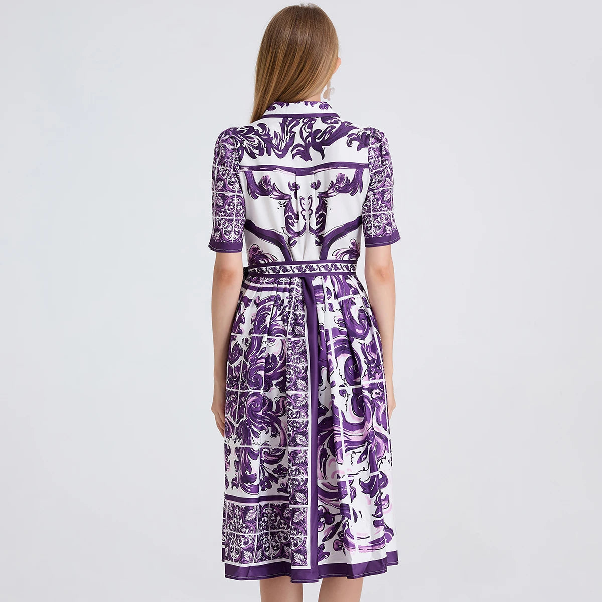 Vestido– Estampa Vintage, Gola Lapela, Cintura com Laço, Elegante, A-Line Slim, Roxo