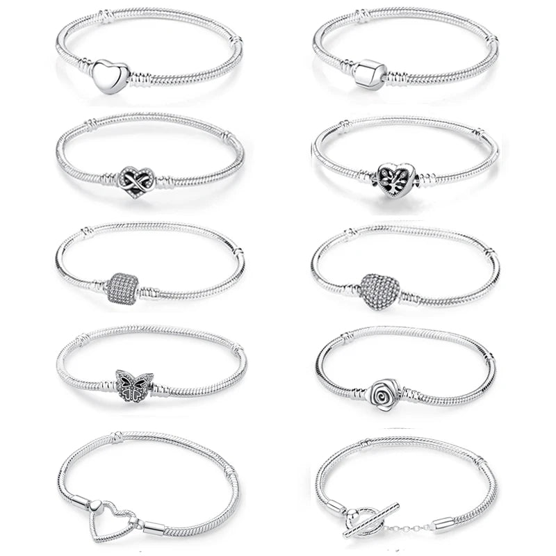 Pulseira de Prata 925 com Coração, Lua, Flor e Borboleta