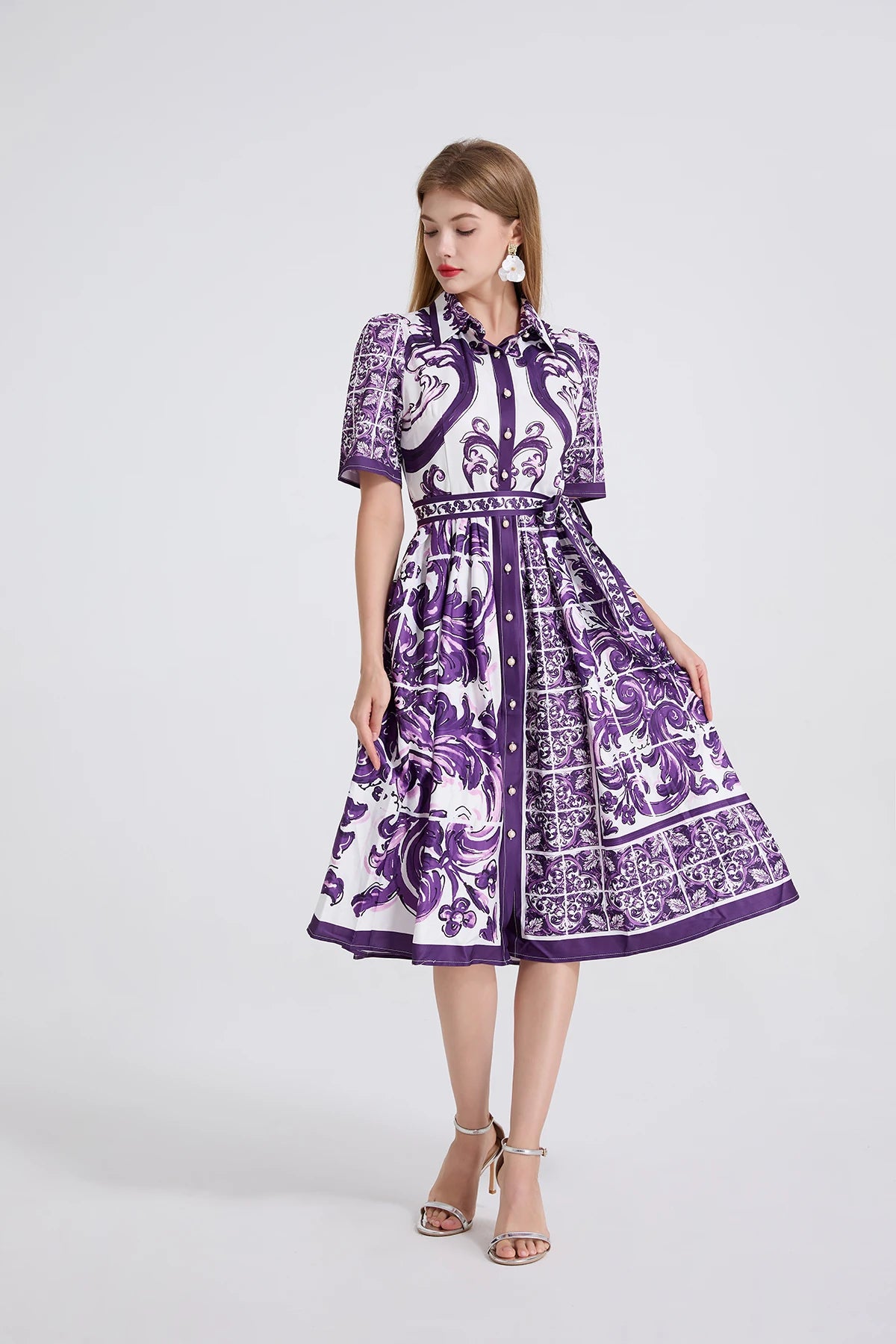 Vestido– Estampa Vintage, Gola Lapela, Cintura com Laço, Elegante, A-Line Slim, Roxo