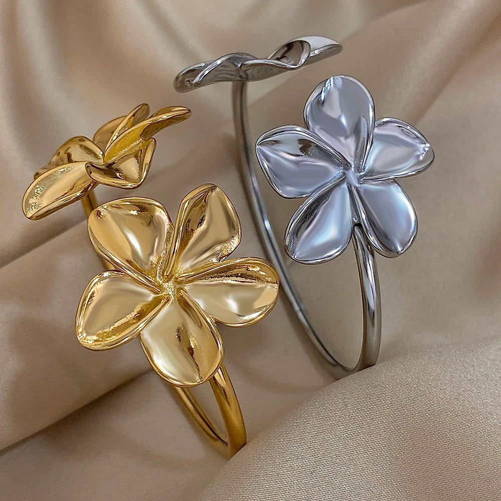 Bracelete de Aço Inoxidável  Dupla Flor  - Bracelete Floral Metal Dourado, à Prova D'Água, Joia para Festa