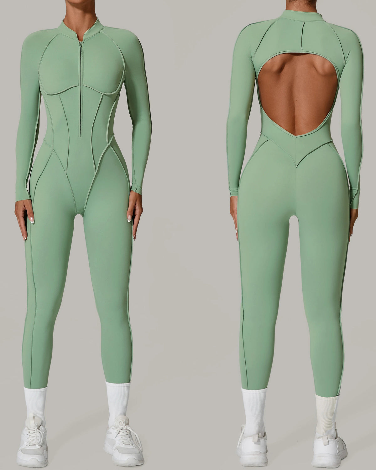 Padded Women Long Sleeve Sport Yoga Jumpsuit Workout Clothes for Women Sportwear Backless Zipper Fitness Gym Outfit