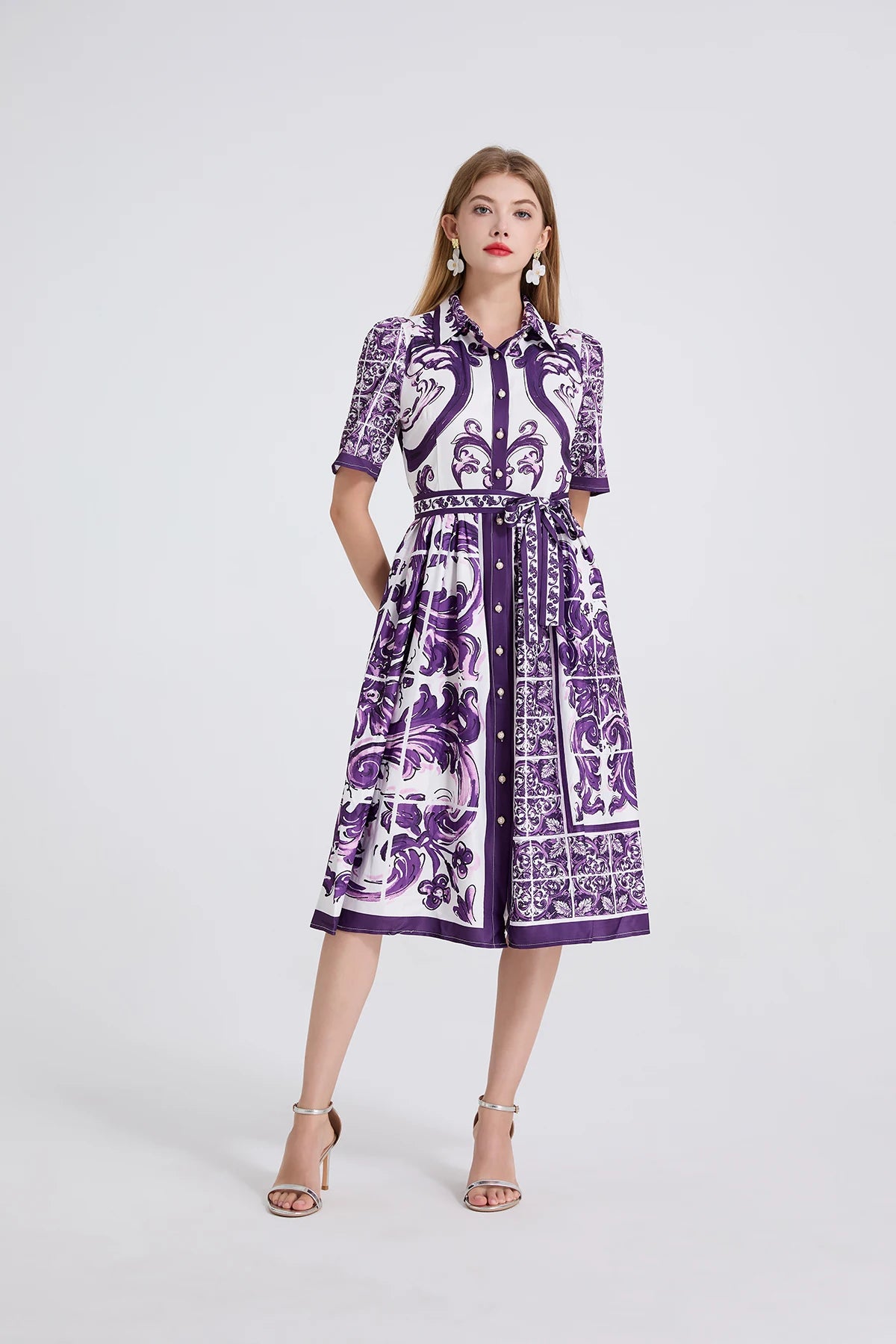 Vestido– Estampa Vintage, Gola Lapela, Cintura com Laço, Elegante, A-Line Slim, Roxo