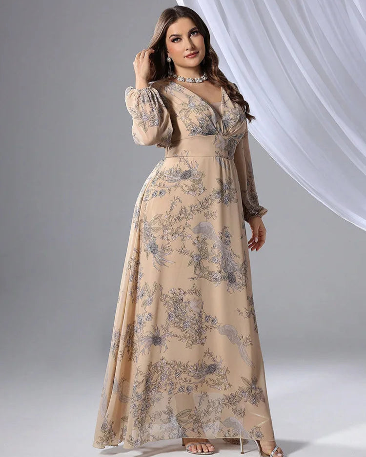Vestido Plus Size Longo Floral em Tule e Renda – Manga Bufante e Caimento Impecável