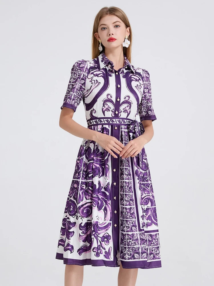 Vestido– Estampa Vintage, Gola Lapela, Cintura com Laço, Elegante, A-Line Slim, Roxo