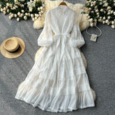 Vestido Renda Longo com Manga Bufante – Renda Delicada e Faixa Ajustável