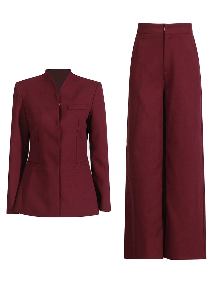 Conjunto de Alfaiataria – Blazer com Gola Alta e Calça de Cintura Alta com Botões Decorativos