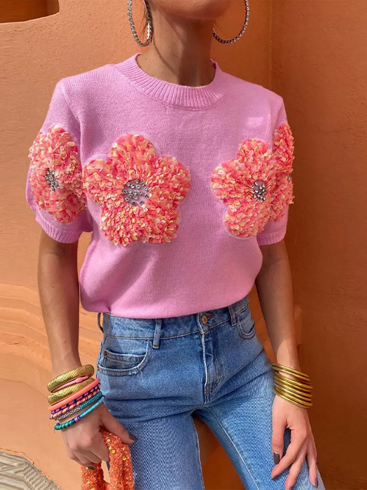 Blusa Tricô bordada com flor - Novidade