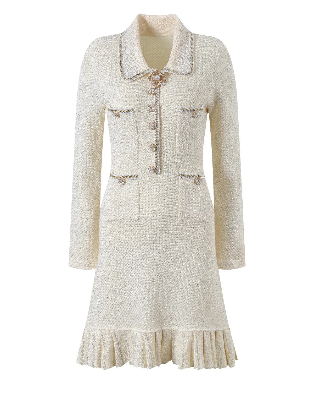 Vestido Tweed com Pérolas e Botões de Cristal – Silhueta Slim e Elegância Atemporal