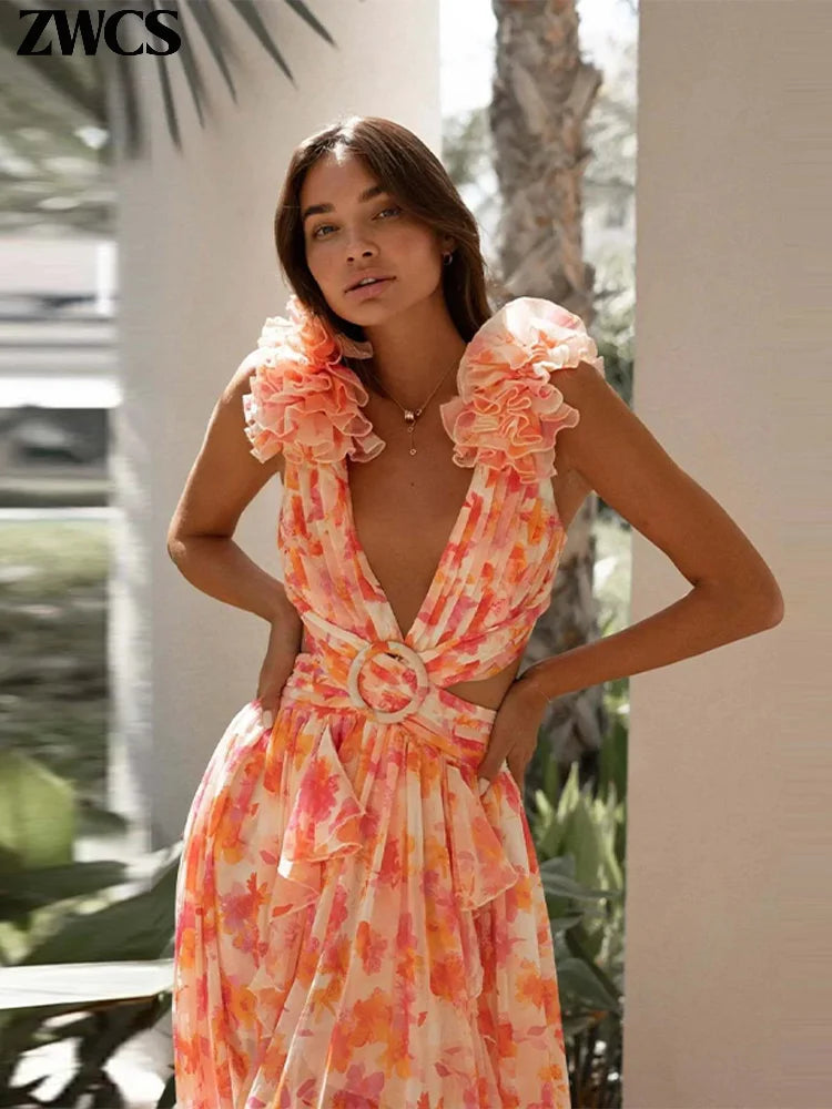 Vestido Longo Feminino Estampado com Babados