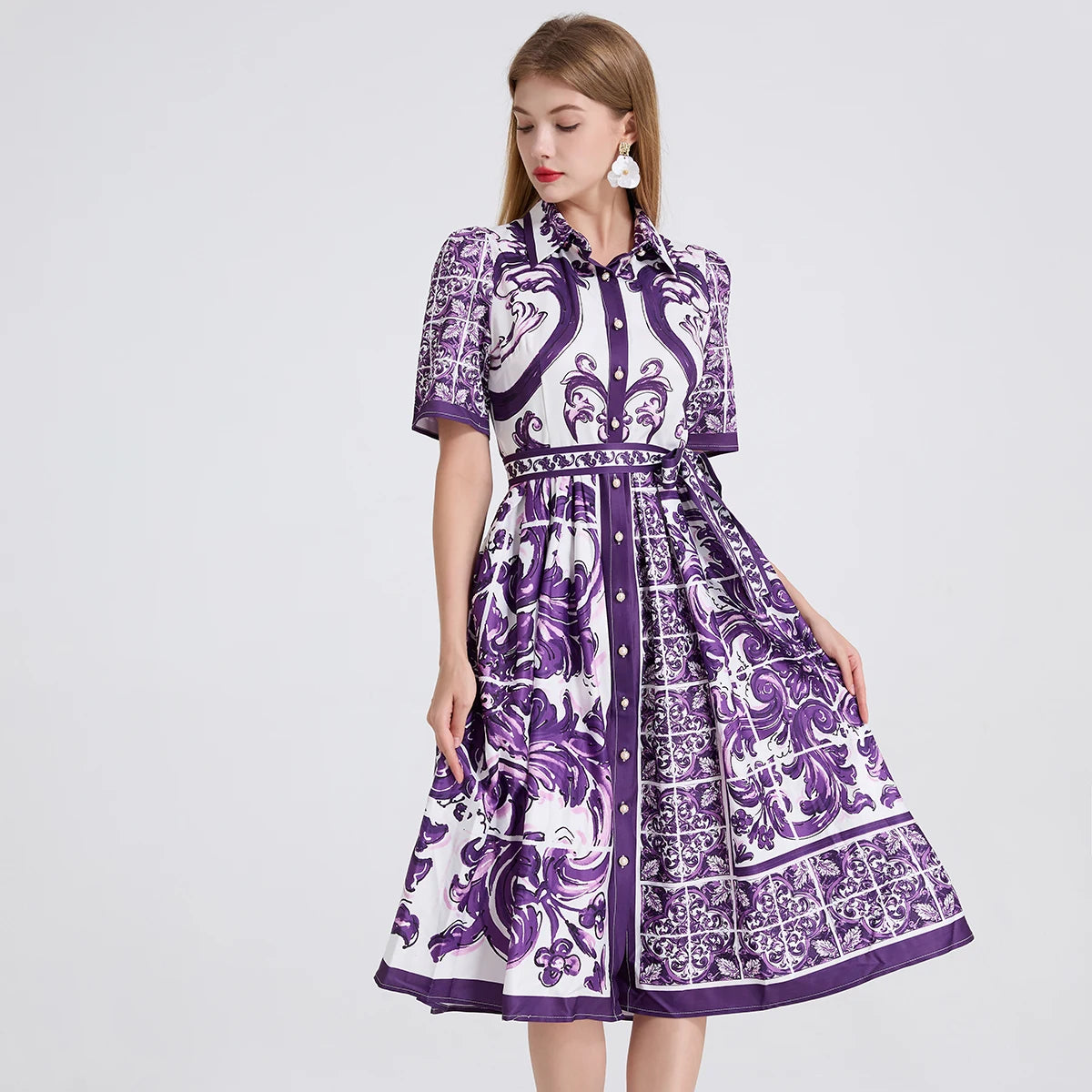 Vestido– Estampa Vintage, Gola Lapela, Cintura com Laço, Elegante, A-Line Slim, Roxo