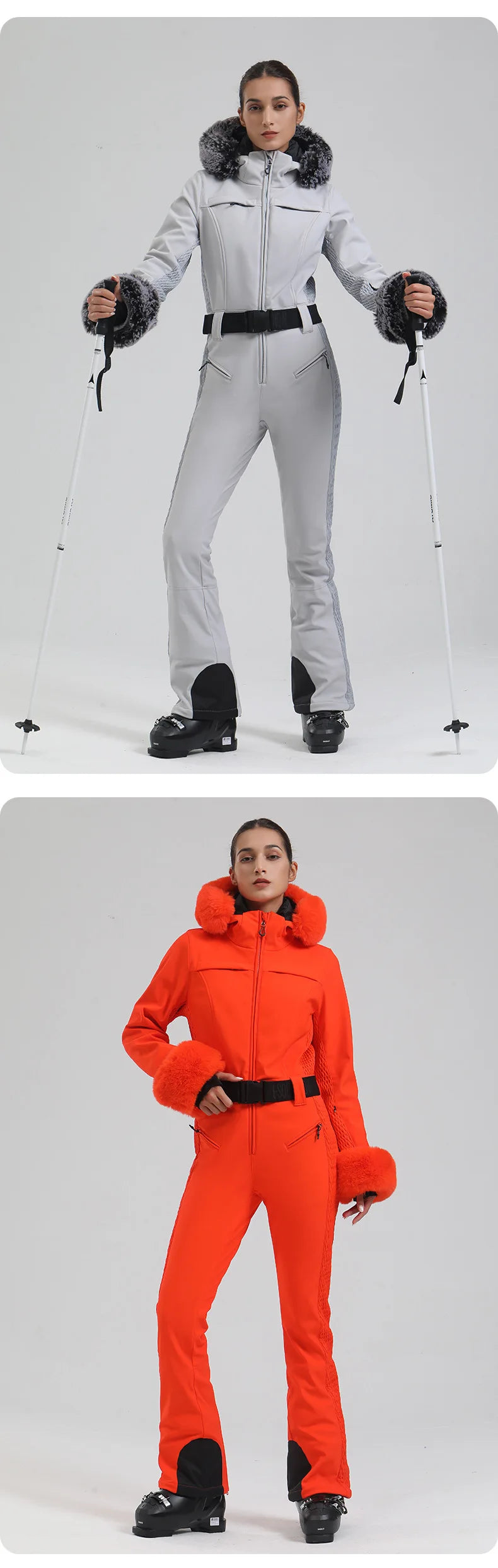 Macacão de Esqui Feminino GSOU SNOW – One Piece Slim, Impermeável, À Prova de Vento, Forrado e com Capuz de Pele
