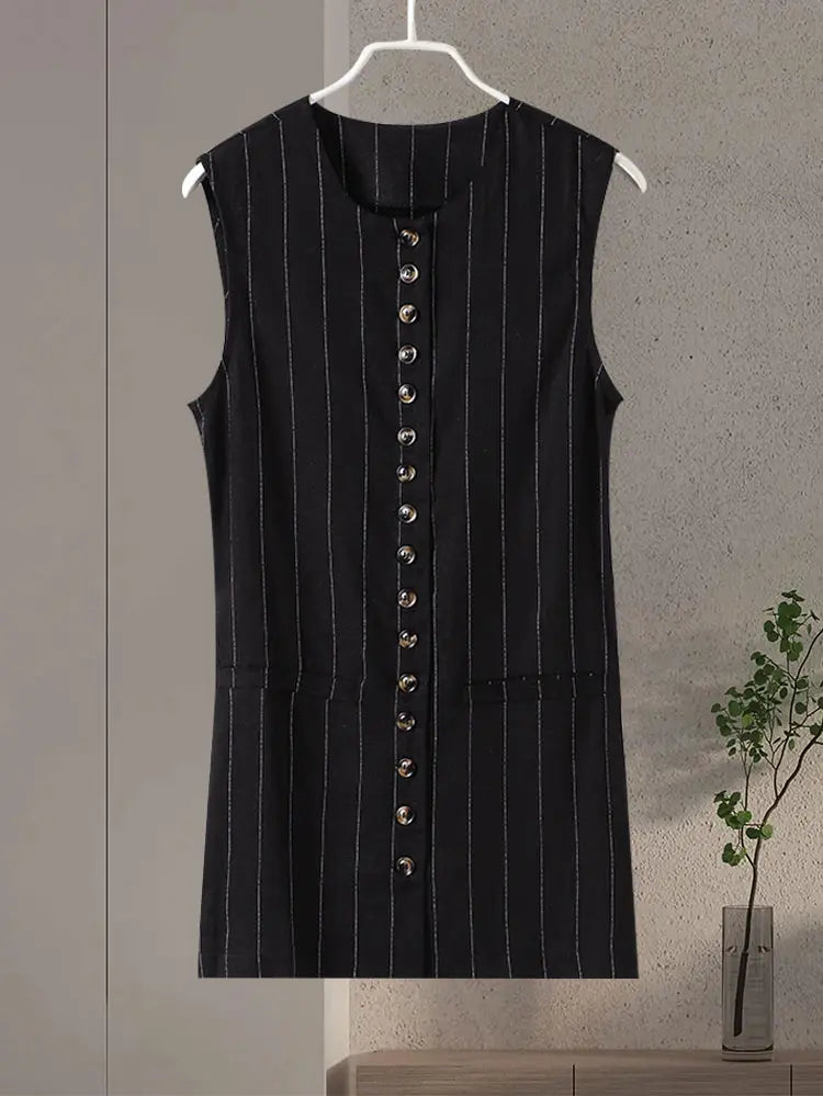 Conjunto Listrado - Colete e Mini Saia, Sem Mangas, Casual Elegante