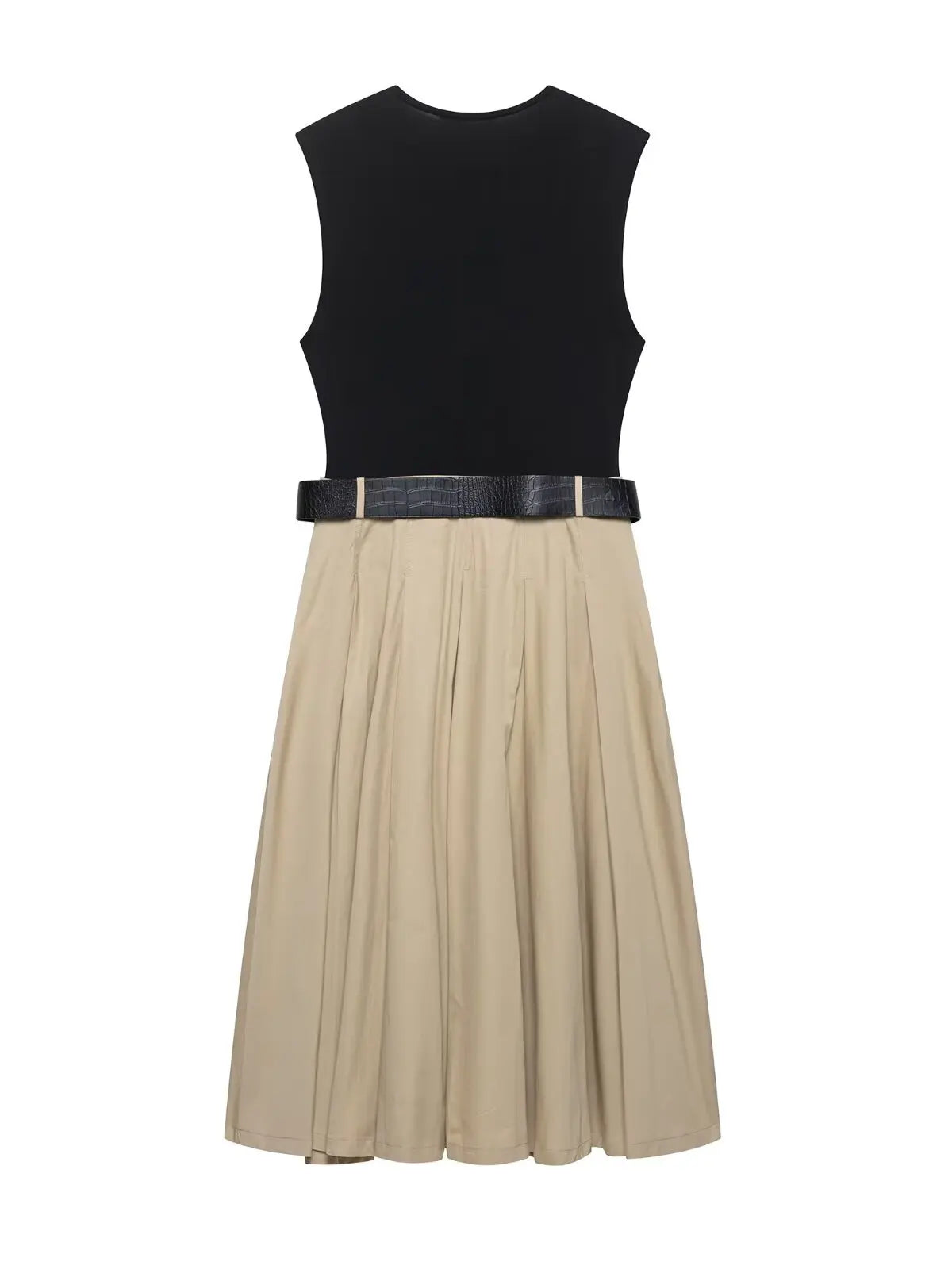 Vestido com Cinto + Saia Midi Plissada, Cintura Alta, Decote Redondo