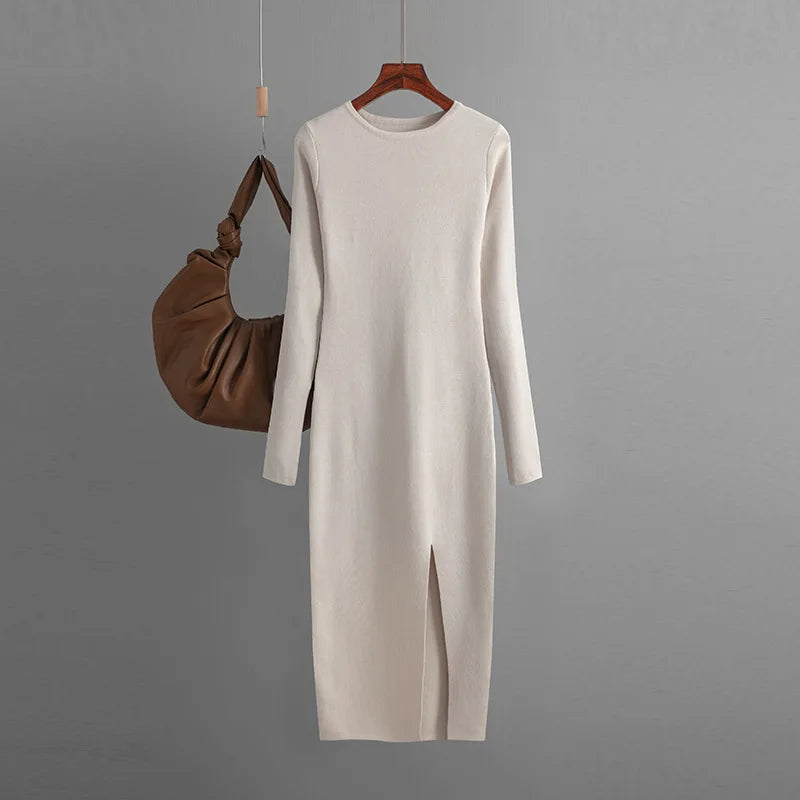 Vestido Suéter Feminino Inverno – Midi Justo em Tricô Grosso
