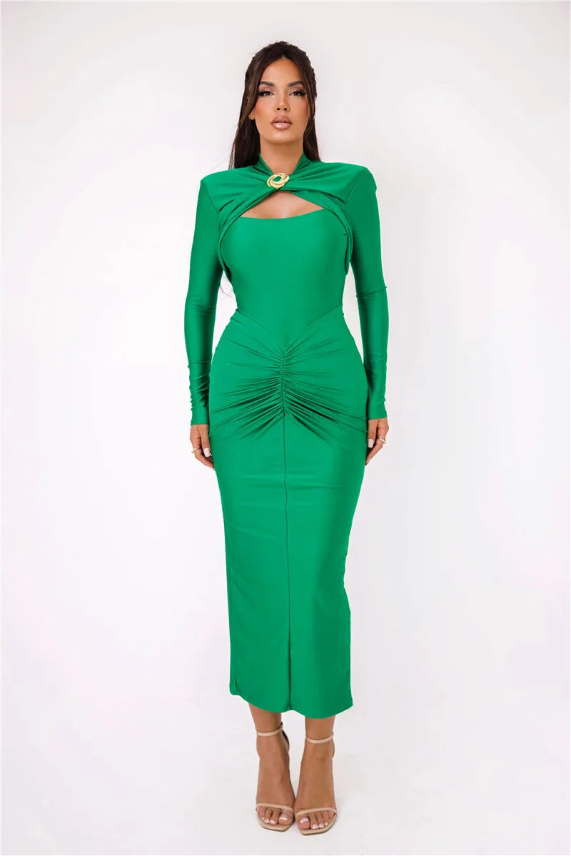 Vestido Maxi Sexy com Fivela de Metal
