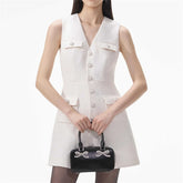 Vestido Tweed Sem Mangas com Decote V – Elegância Atemporal