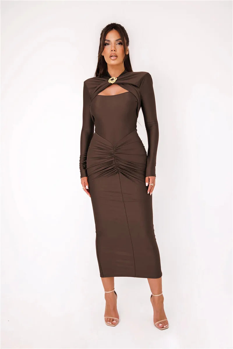 Vestido Maxi Sexy com Fivela de Metal