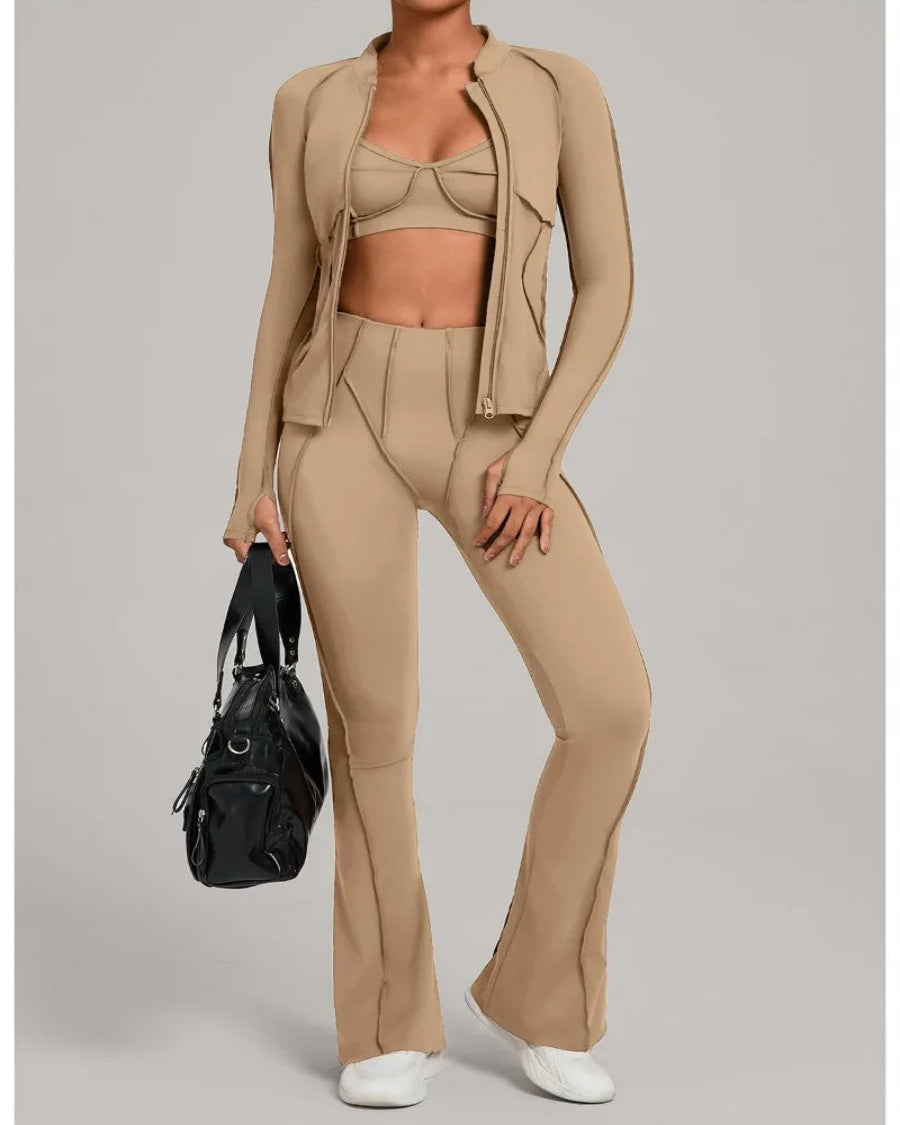 Conjunto Esportivo Feminino 3 Peças – Jaqueta com Zíper + Top + Calça | Yoga, Corrida e Treinos ao Ar Livre