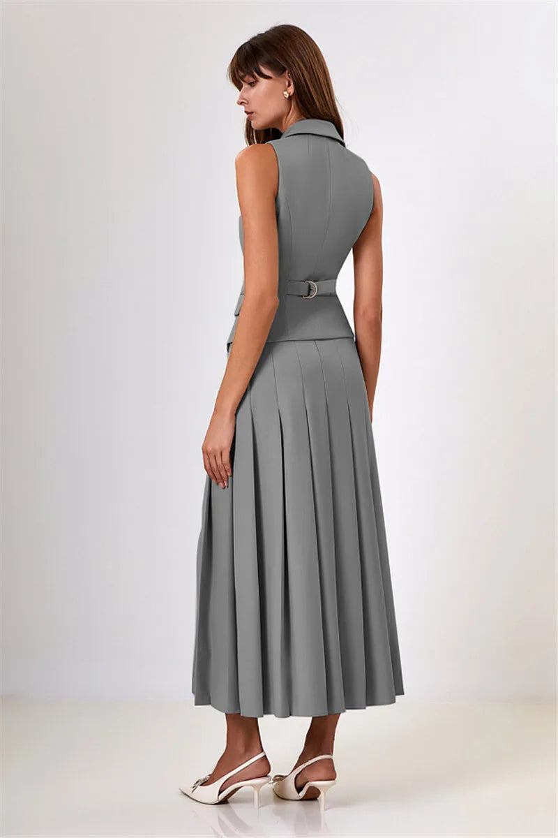 Conjunto Colete Transpassado e Saia Longa Plissada - Estilo e Conforto