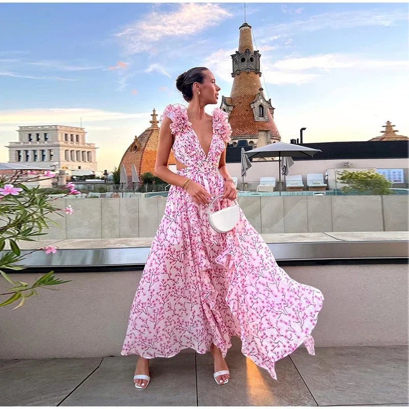 Vestido Longo Feminino Estampado com Babados