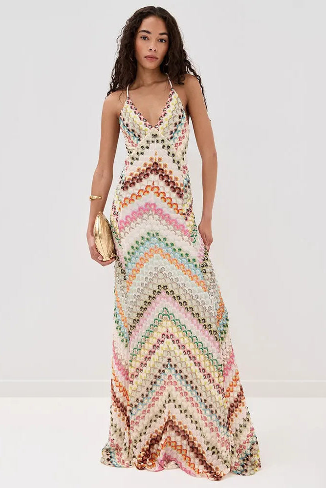 Vestido Longo de Crochê Decote V com Amarração — Elegante, Fresco para o Verão