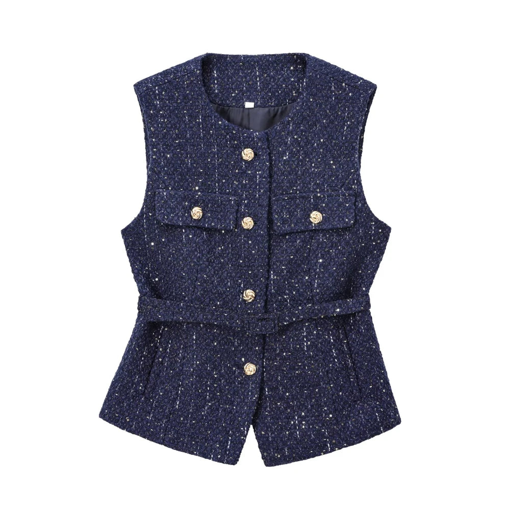 Colete Tweed com Cinto – Elegância e Estilo Atemporal