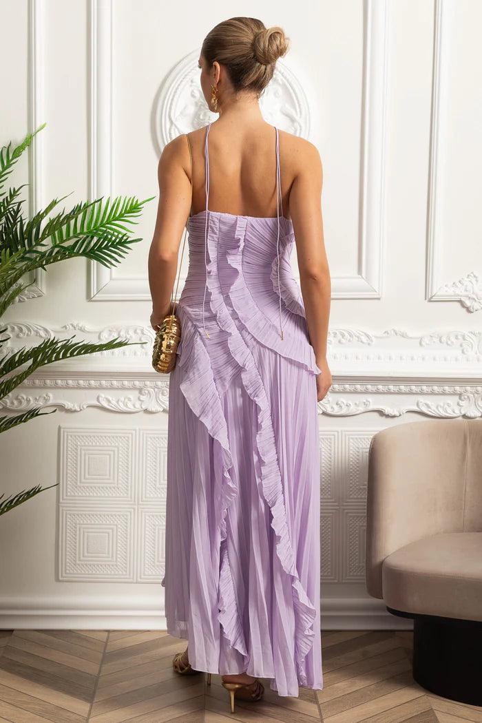 Vestido Sexy Assimétrico e Decote nas Costas – Sem Mangas, Com Babados, Cintura Alta e Modelagem Slim