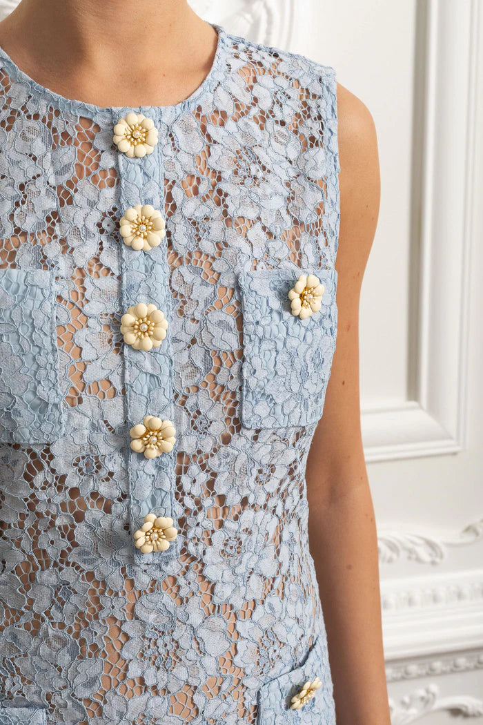 Vestido Curto – Bordado Floral, Botões, Renda, Decote O e Sem Mangas