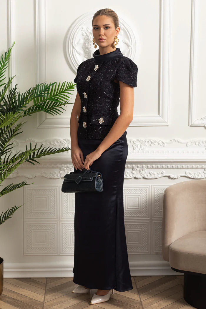 Vestido Longo – Maxi Luxo, Cristal e Cetim Tweed, Azul
