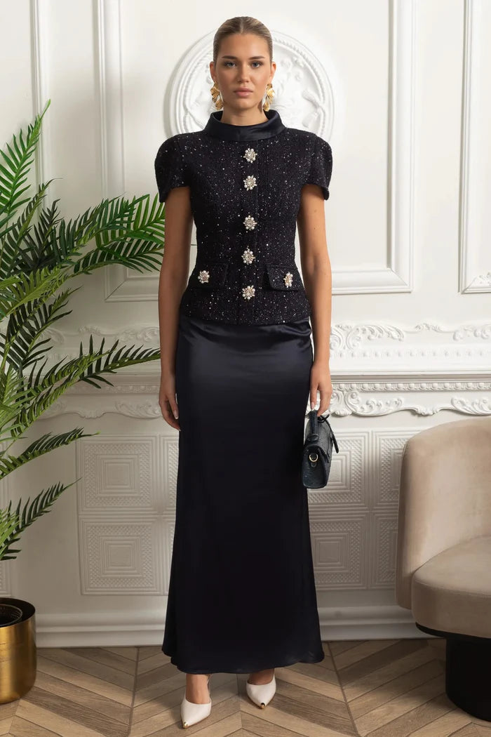 Vestido Longo – Maxi Luxo, Cristal e Cetim Tweed, Azul