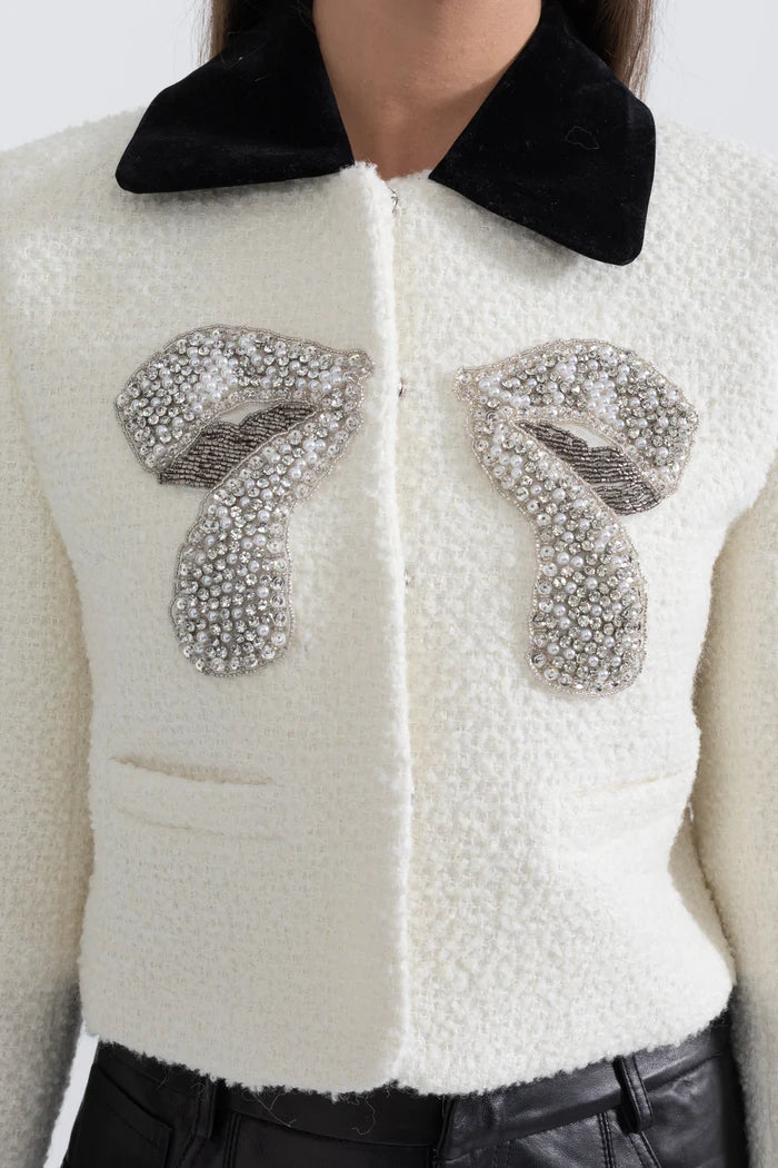 Blazer de Tweed Branco com Laço Metálico