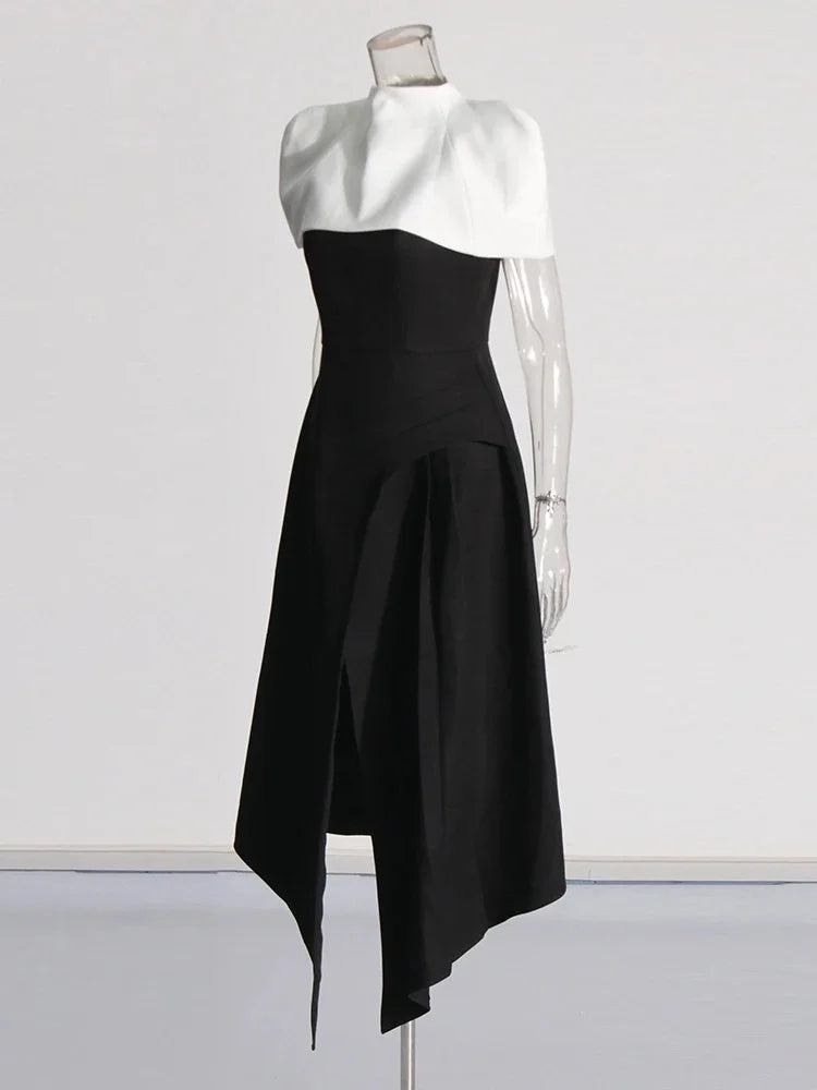 Vestido Longo Bicolor com Decote Reto – Cintura Alta e Saia Plissada em Silhueta Escultural