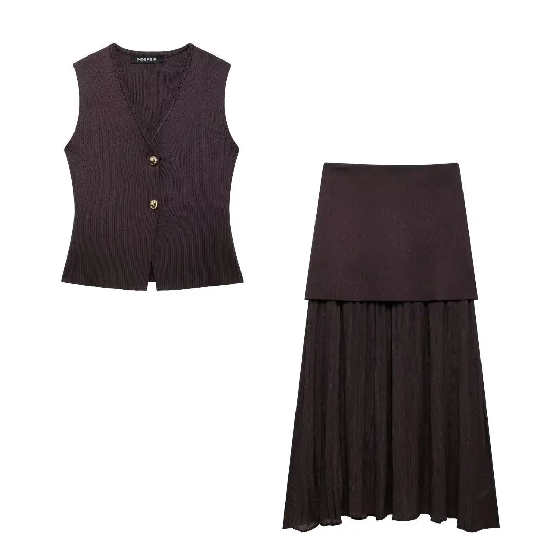 Conjunto – Toque Retrô Elegante, Blusa Tricotada Sem Mangas + Saia Longa Moderna