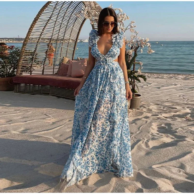 Vestido Longo Feminino Estampado com Babados