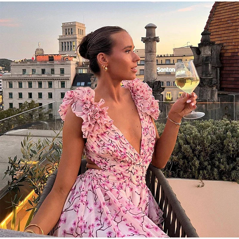 Vestido Longo Feminino Estampado com Babados