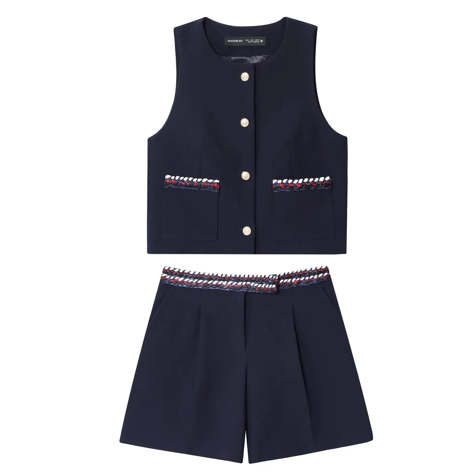 Conjunto – Shorts e Blusa Sem Mangas, Gola Redonda com Detalhes e Shorts de Cintura Alta com Bolsos Laterais
