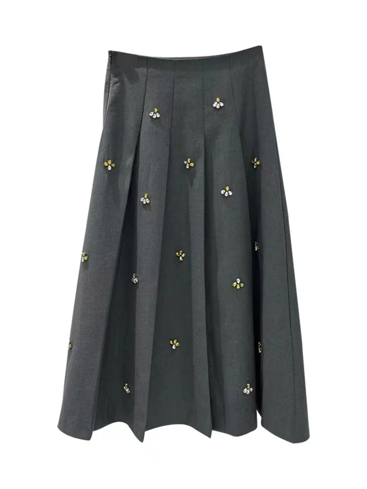 Saia Midi Com pregas Alfaiataria Bordada