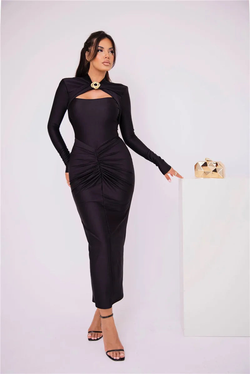 Vestido Maxi Sexy com Fivela de Metal