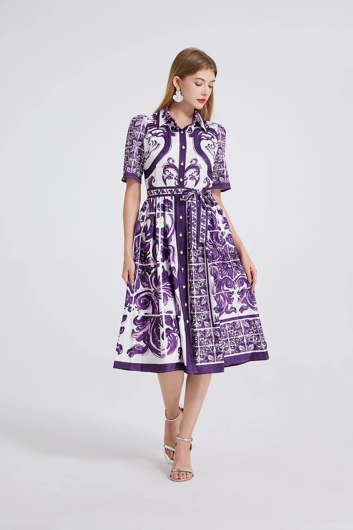 Vestido– Estampa Vintage, Gola Lapela, Cintura com Laço, Elegante, A-Line Slim, Roxo