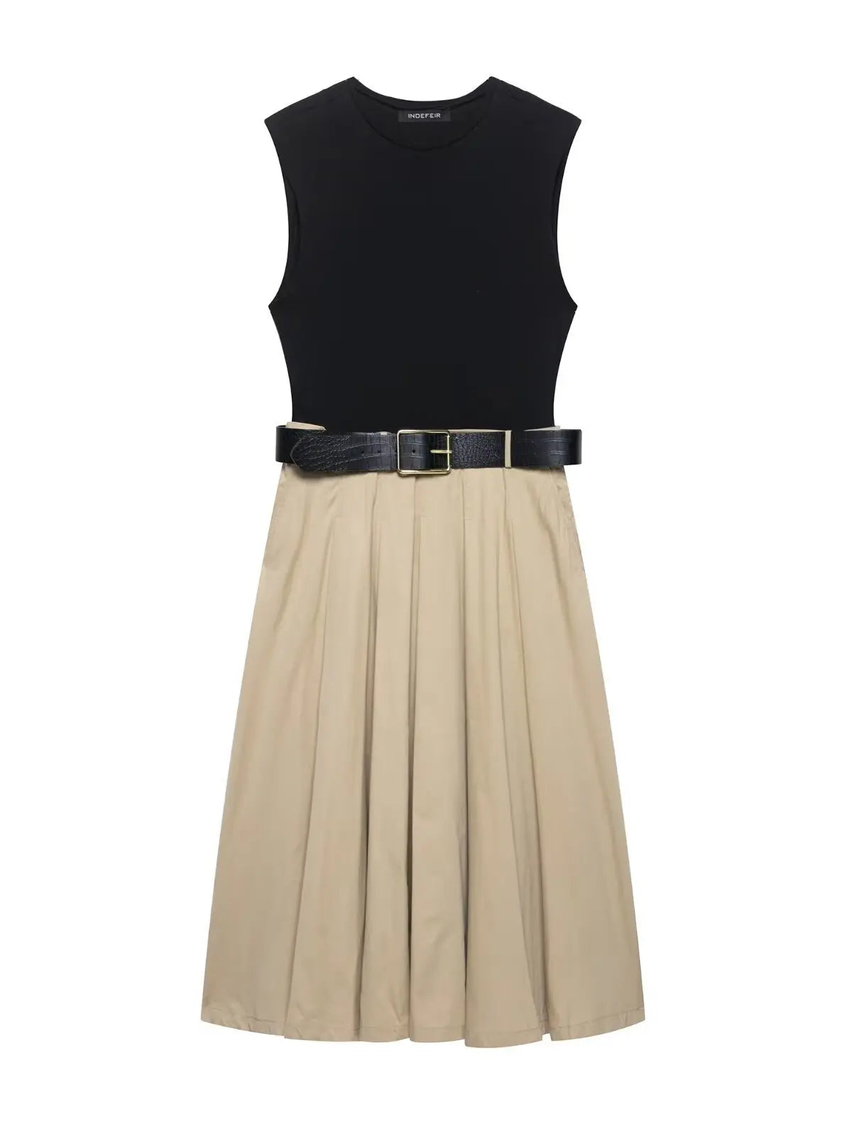 Vestido com Cinto + Saia Midi Plissada, Cintura Alta, Decote Redondo