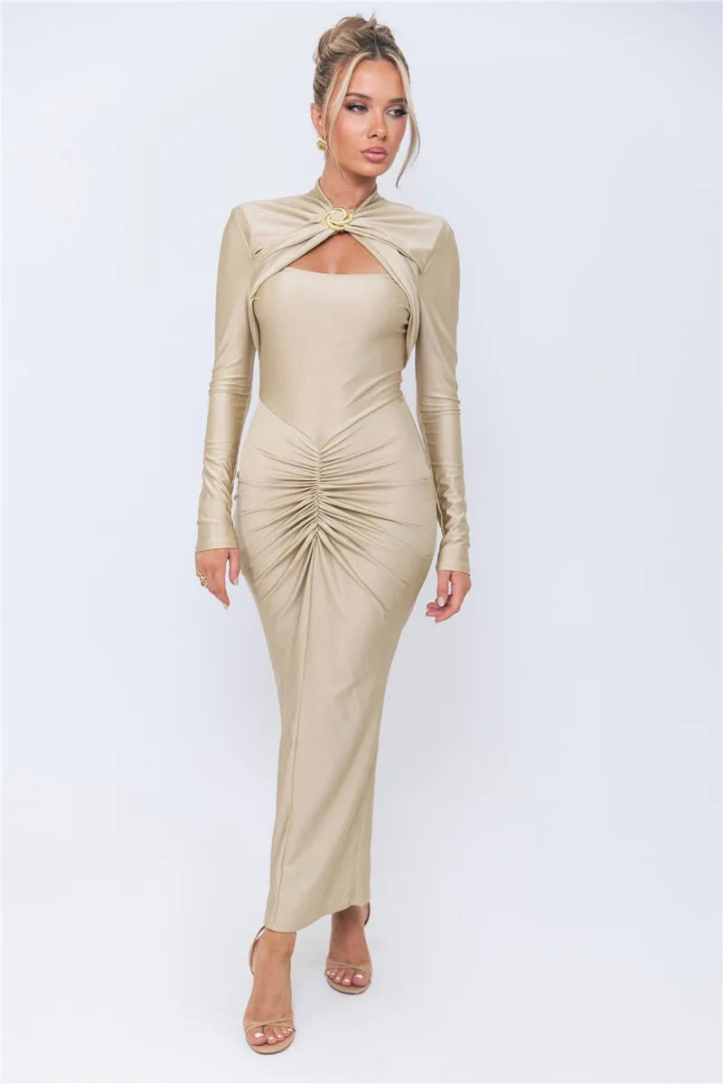 Vestido Maxi Sexy com Fivela de Metal